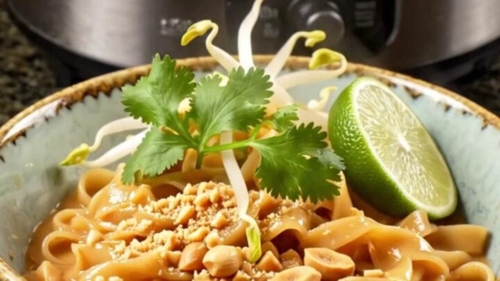 A close-up of creamy Thai peanut chicken noodles in a dark bowl, garnished with peanuts and cilantro.