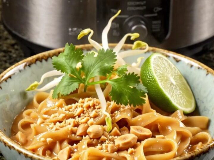 A close-up of creamy Thai peanut chicken noodles in a dark bowl, garnished with peanuts and cilantro.
