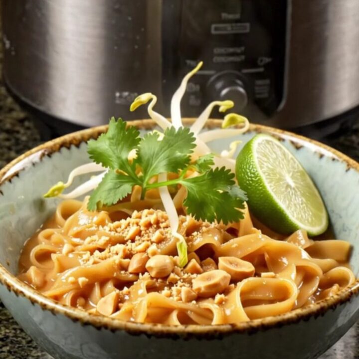 A close-up of creamy Thai peanut chicken noodles in a dark bowl, garnished with peanuts and cilantro.
