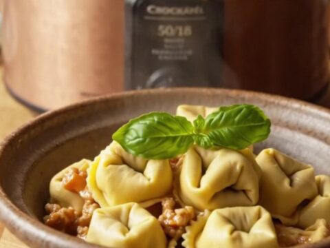 A close-up of a bowl filled with creamy turkey, zucchini, and three-cheese tortellini in a rich parmesan tomato sauce.