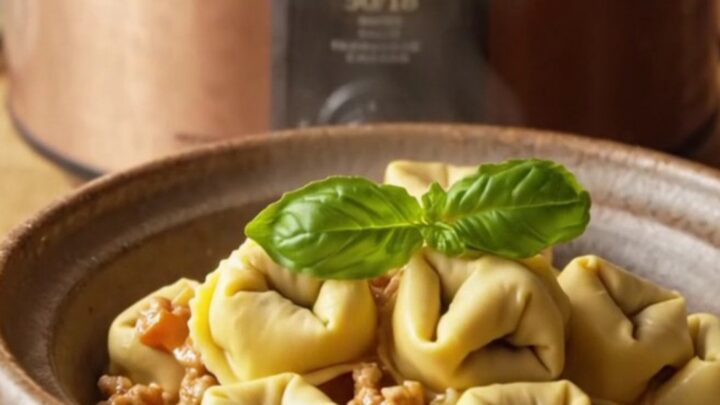 A close-up of a bowl filled with creamy turkey, zucchini, and three-cheese tortellini in a rich parmesan tomato sauce.