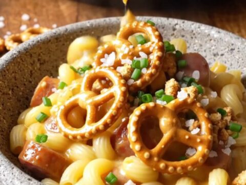 A rustic ceramic Crockpot filled with creamy mac and cheese topped with bratwurst coins and chives.