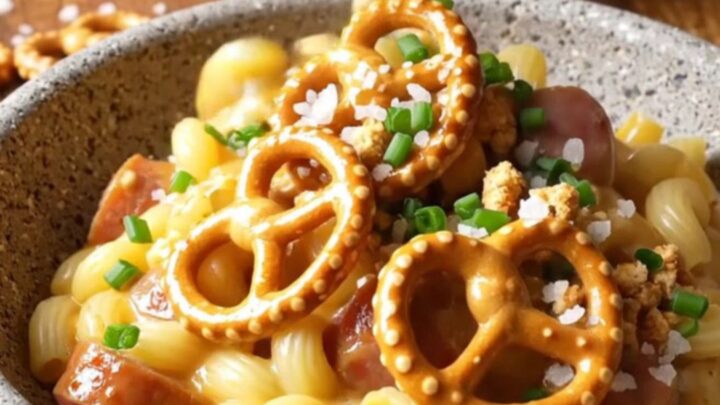A rustic ceramic Crockpot filled with creamy mac and cheese topped with bratwurst coins and chives.