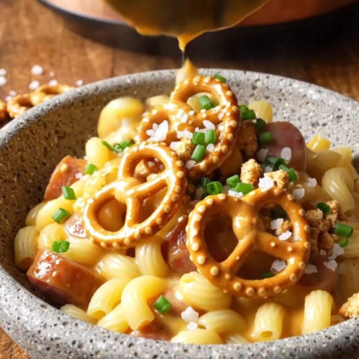 A rustic ceramic Crockpot filled with creamy mac and cheese topped with bratwurst coins and chives.