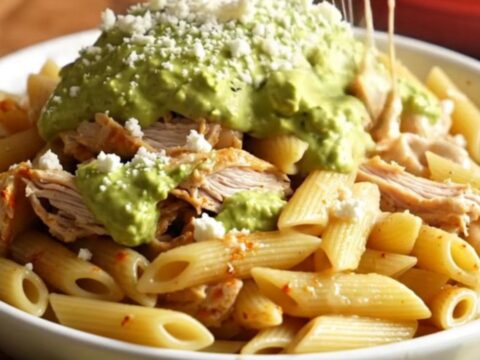 A close-up of a smoky chipotle chicken pasta bake with melted Oaxaca cheese in a rust-red crockpot.