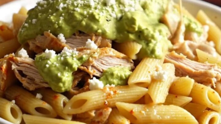 A close-up of a smoky chipotle chicken pasta bake with melted Oaxaca cheese in a rust-red crockpot.