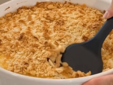 A warm, bubbling chicken casserole in a round white fluted dish, topped with a golden brown cracker crust.
