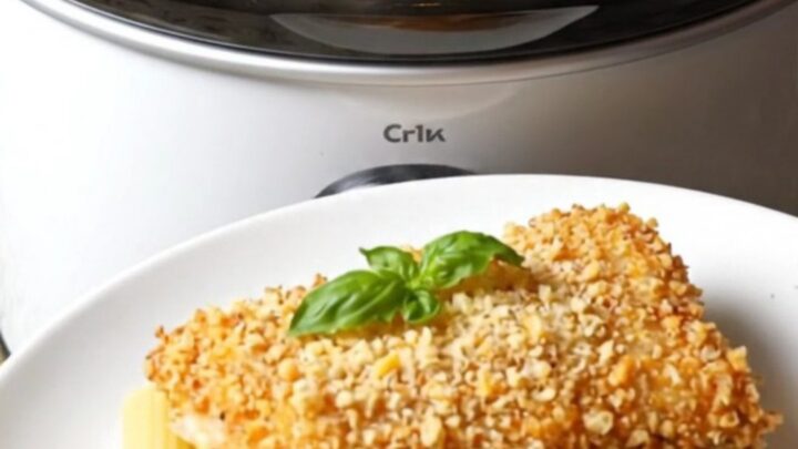 A close-up of a serving of chicken parmesan pasta bake with melted mozzarella and golden panko.