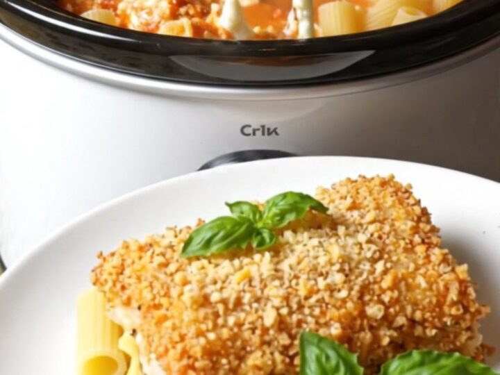 A close-up of a serving of chicken parmesan pasta bake with melted mozzarella and golden panko.