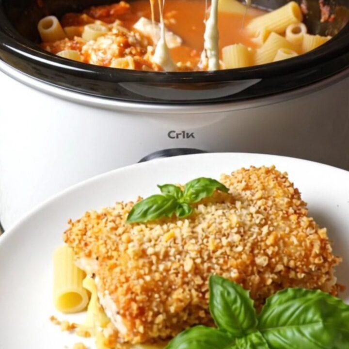 A close-up of a serving of chicken parmesan pasta bake with melted mozzarella and golden panko.