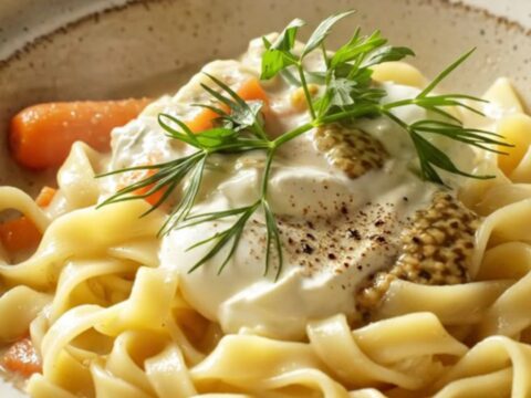 A bowl of creamy Coq au Vin Blanc with tender chicken, mushrooms, and egg noodles.