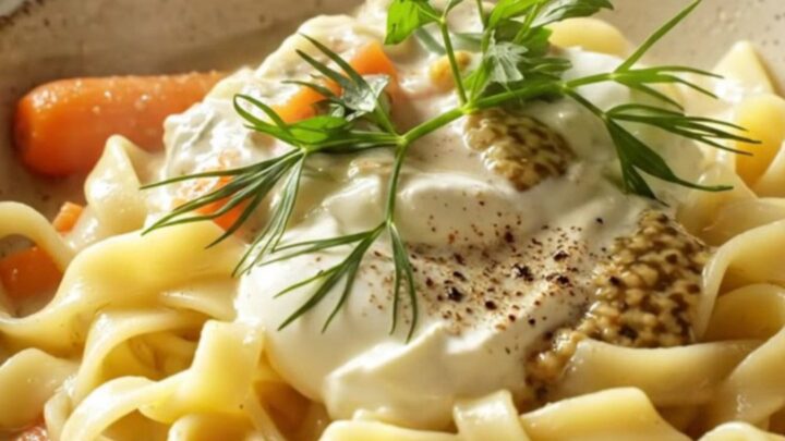 A bowl of creamy Coq au Vin Blanc with tender chicken, mushrooms, and egg noodles.