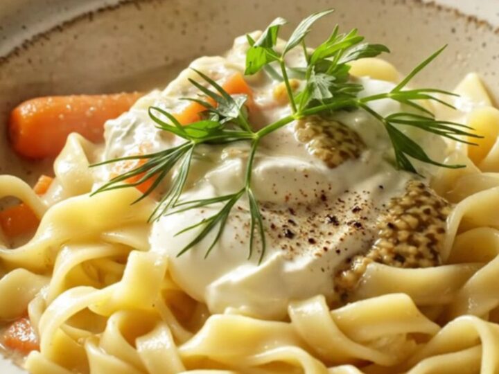 A bowl of creamy Coq au Vin Blanc with tender chicken, mushrooms, and egg noodles.