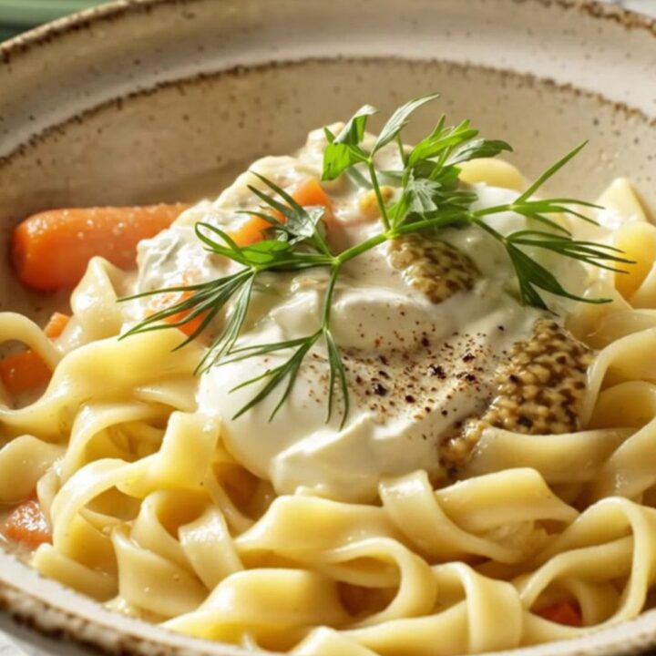 A bowl of creamy Coq au Vin Blanc with tender chicken, mushrooms, and egg noodles.