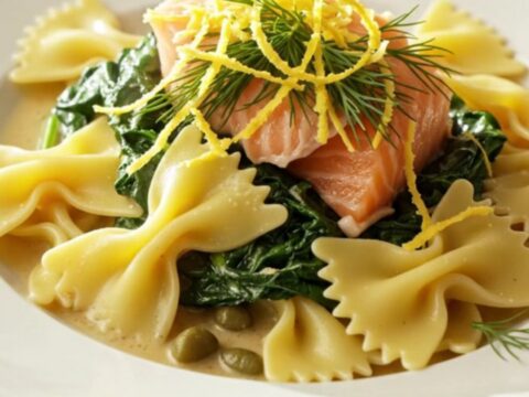 Creamy Tuscan salmon pasta in a white ceramic slow cooker with fresh dill and lemon zest garnishes.