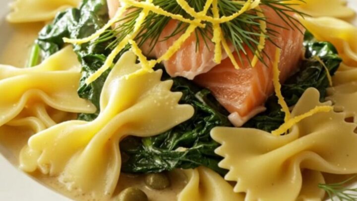 Creamy Tuscan salmon pasta in a white ceramic slow cooker with fresh dill and lemon zest garnishes.