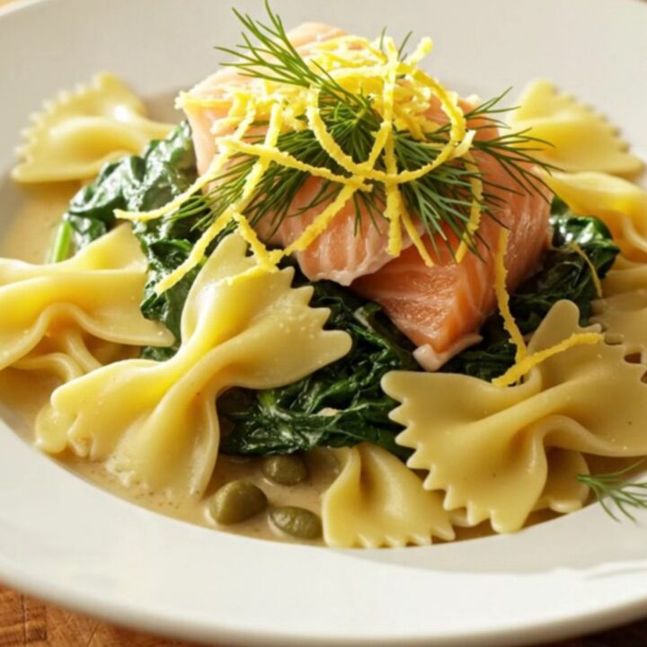 Creamy Tuscan salmon pasta in a white ceramic slow cooker with fresh dill and lemon zest garnishes.