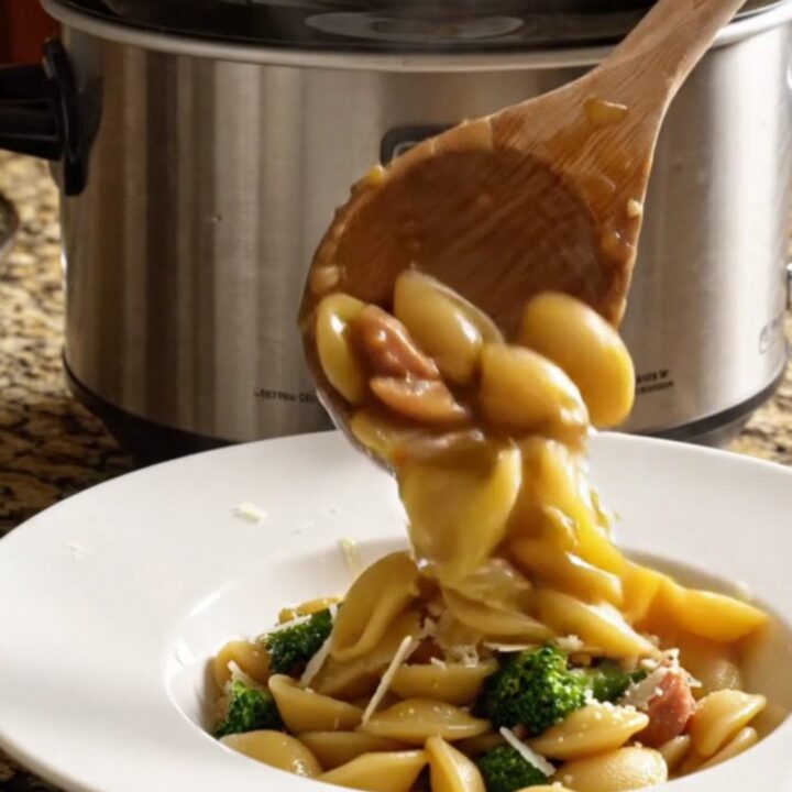 A close-up of a bowl filled with orecchiette pasta, spicy sausage, and broccoli rabe in a glossy garlic broth.