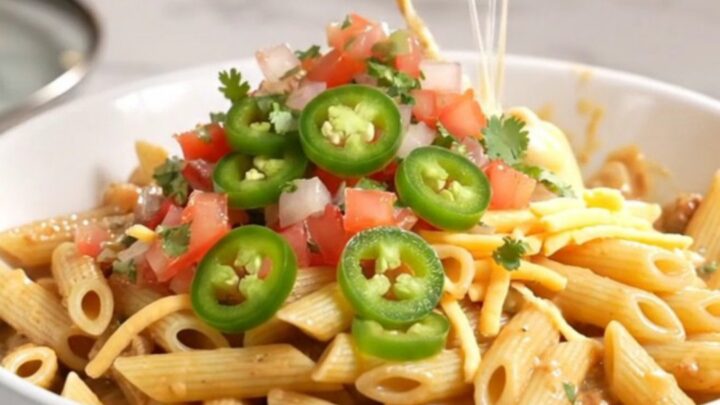 A close-up of creamy steak fajita pasta in a charcoal slow cooker with visible tender beef and peppers.