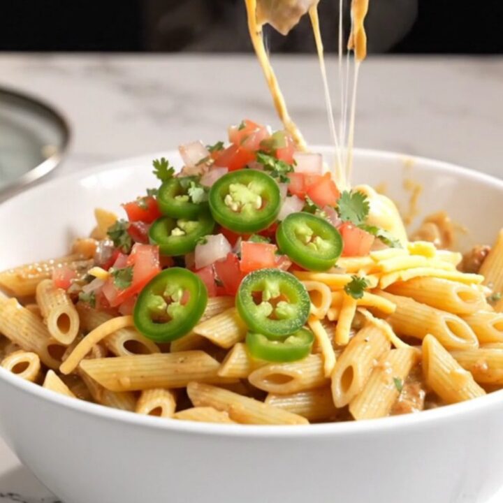 A close-up of creamy steak fajita pasta in a charcoal slow cooker with visible tender beef and peppers.