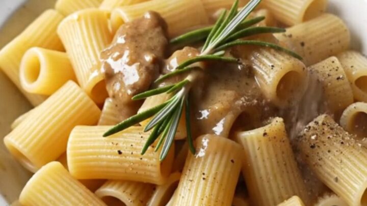 A close-up of steakhouse beef tips and rigatoni in a creamy sauce garnished with fresh rosemary.
