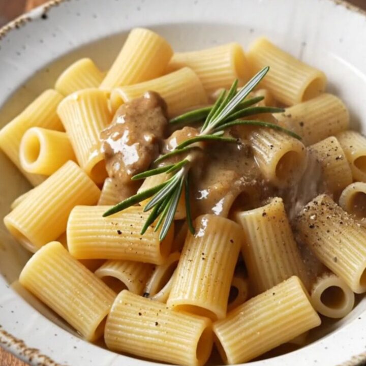 A close-up of steakhouse beef tips and rigatoni in a creamy sauce garnished with fresh rosemary.