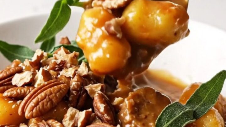 A close-up of a bowl filled with sweet potato gnocchi, browned sausage, and a rich, glossy brown butter sauce.