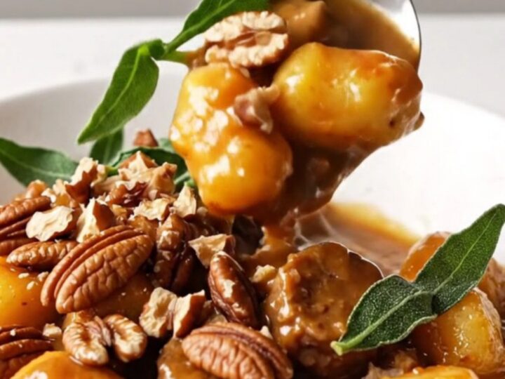 A close-up of a bowl filled with sweet potato gnocchi, browned sausage, and a rich, glossy brown butter sauce.