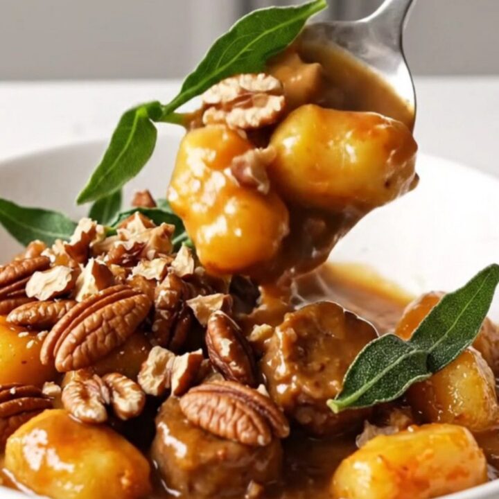 A close-up of a bowl filled with sweet potato gnocchi, browned sausage, and a rich, glossy brown butter sauce.
