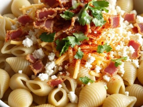 A steaming bowl of creamy Mexican street corn pasta topped with crispy bacon, fresh cilantro, and a dusting of Tajín.