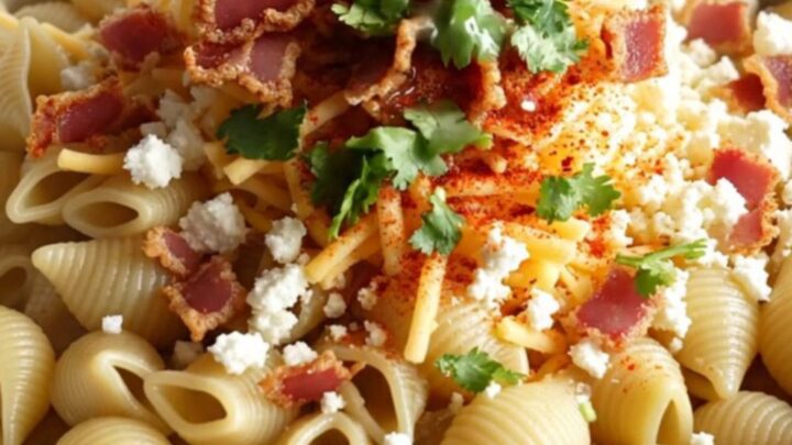 A steaming bowl of creamy Mexican street corn pasta topped with crispy bacon, fresh cilantro, and a dusting of Tajín.