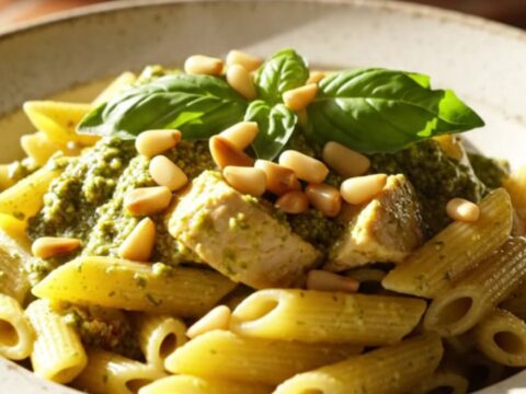 A close-up of a bowl filled with creamy pesto chicken penne garnished with toasted pine nuts and fresh basil.