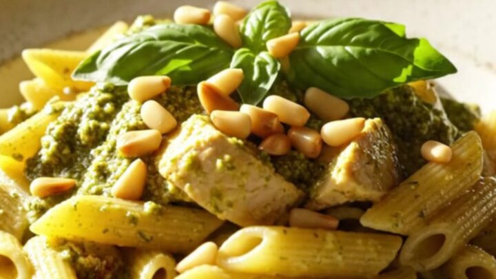 A close-up of a bowl filled with creamy pesto chicken penne garnished with toasted pine nuts and fresh basil.