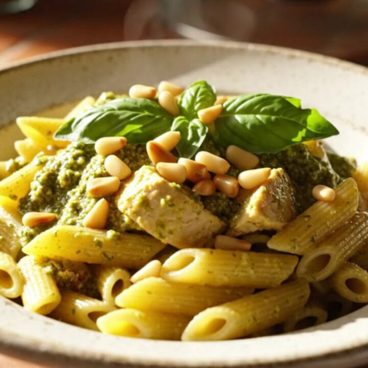 A close-up of a bowl filled with creamy pesto chicken penne garnished with toasted pine nuts and fresh basil.