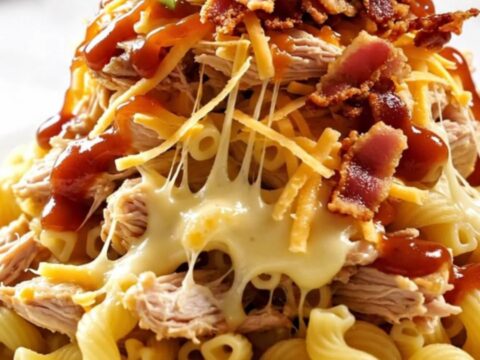 A close-up of a creamy Hawaiian BBQ chicken pasta bake served in a white ceramic bowl.