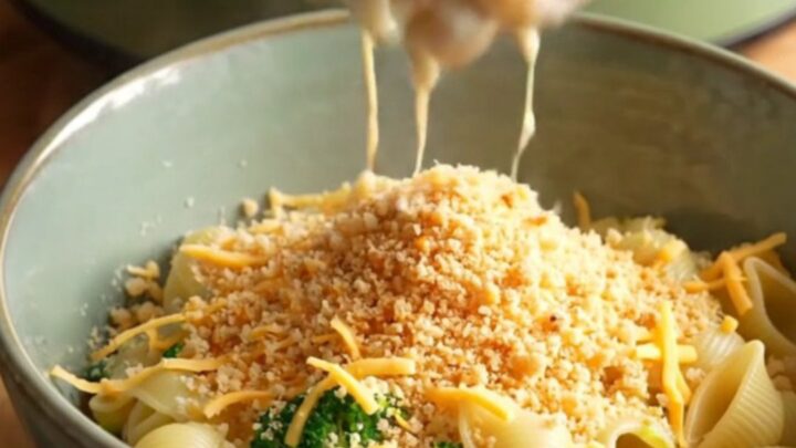 A steaming bowl of creamy pasta shells with smoked ham and broccoli, topped with buttery toasted crumbs.