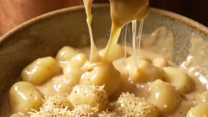 A close-up view of pillowy potato gnocchi covered in a thick, molten four-cheese cream sauce in a ceramic pot.