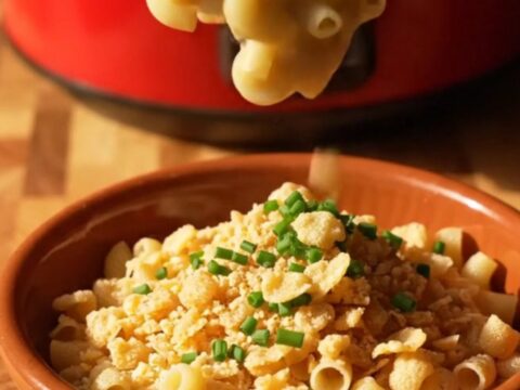 A close-up view of the ultimate six-cheese Crockpot mac and cheese with a massive, molten cheese pull.