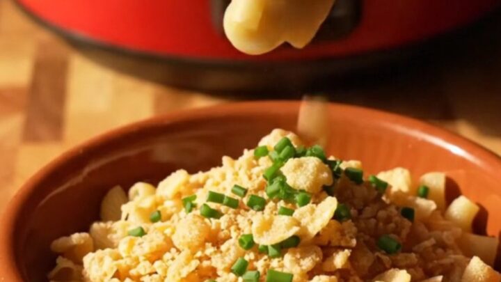 A close-up view of the ultimate six-cheese Crockpot mac and cheese with a massive, molten cheese pull.