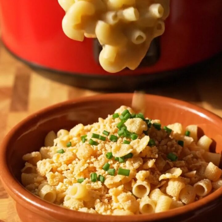 A close-up view of the ultimate six-cheese Crockpot mac and cheese with a massive, molten cheese pull.