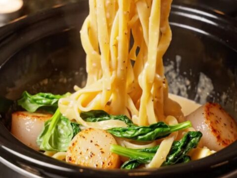 A close-up of a bowl filled with fettuccine in a creamy champagne sauce