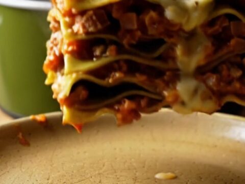 A close-up of a square of Lasagna Bolognese with visible layers of meat sauce, spinach pasta, and melted cheese.