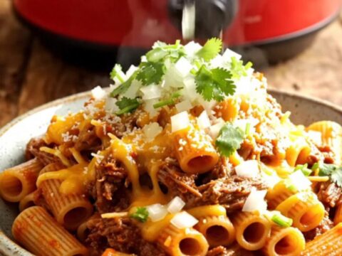 A close-up shot of cheesy beef birria rigatoni in a rustic Crockpot, topped with fresh cilantro and onion.