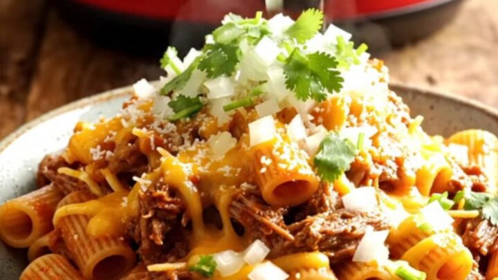 A close-up shot of cheesy beef birria rigatoni in a rustic Crockpot, topped with fresh cilantro and onion.