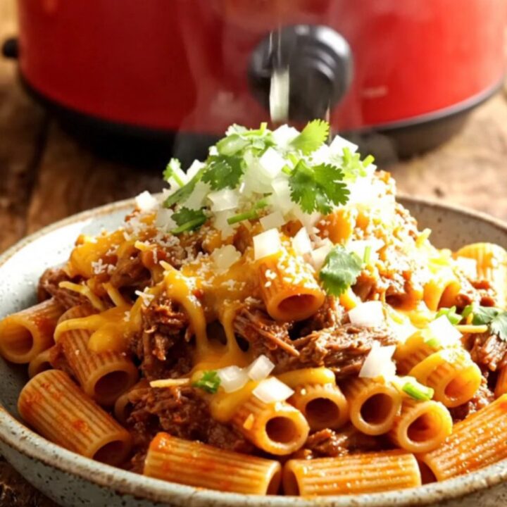 A close-up shot of cheesy beef birria rigatoni in a rustic Crockpot, topped with fresh cilantro and onion.