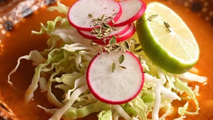 A steaming bowl of Posole Rojo topped with fresh radishes, cabbage, and lime, set in a cozy, warm-lit kitchen.