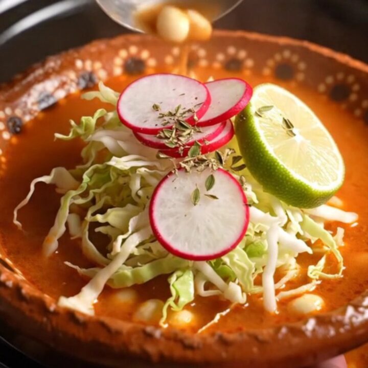 A steaming bowl of Posole Rojo topped with fresh radishes, cabbage, and lime, set in a cozy, warm-lit kitchen.