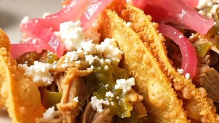 A close-up of tender pulled pork in a crockpot with vibrant green salsa verde and green chiles.
