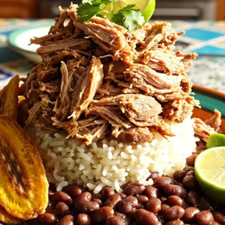 A close-up of tender shredded Cuban mojo pork glistening in a ceramic slow cooker with vibrant herb-infused juices.