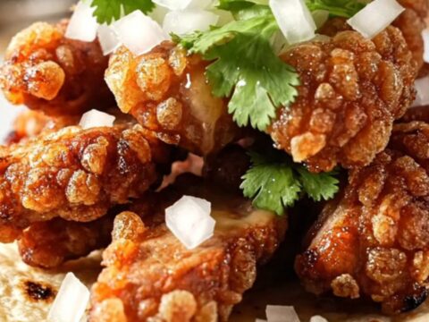 A close-up of crispy, caramelized Coca-Cola pork carnitas served on charred corn tortillas with cilantro and onion.